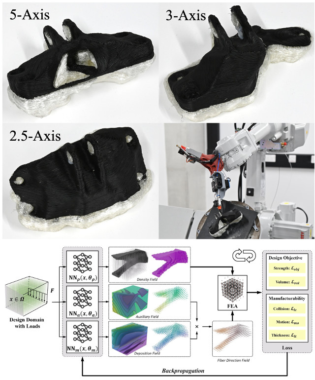 Neural co-optimization of structural topology, manufacturable layers, and path orientations for fiber-reinforced composites